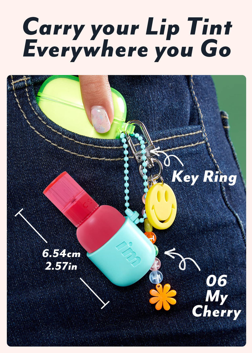 I'M MEME key ring packaging close-up shows convenient lip tint attachment.