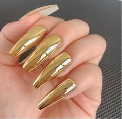 iMABC metal coffin nails close-up shows extra-long gold chrome finish for bold glam.
