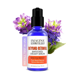 Imagine Dermatology Bakuchiol Serum bottle pump showing potential to soften fine lines.