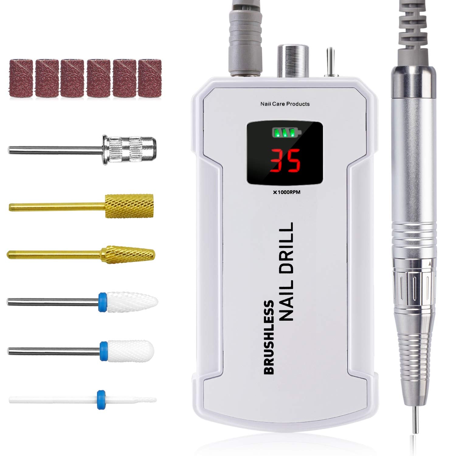 IMENE 35000 RPM nail drill with LCD display shows speed and battery level for precise setup