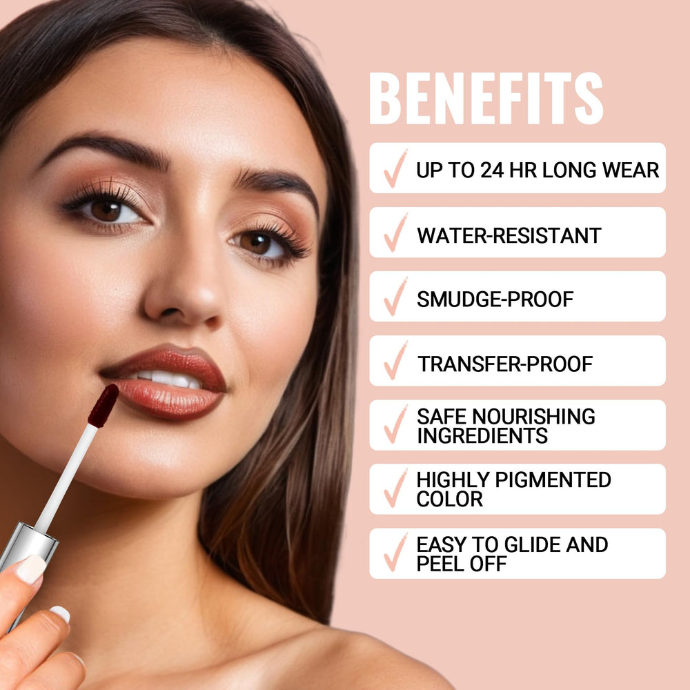iMethod Lip Stain peel-off action shown on lips for easy removal.