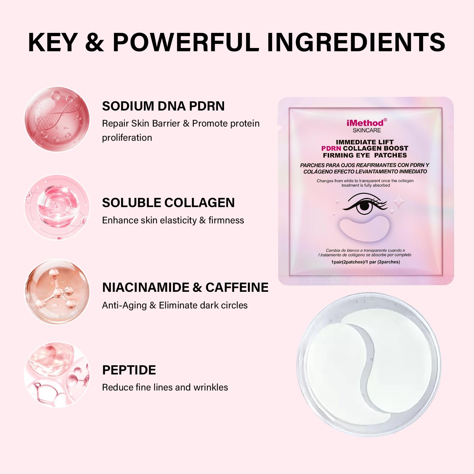 IMETHOD PDRN Eye Patch cooling gel on skin emphasizing puffiness reduction and brightness.