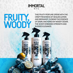 17oz Immortal NYC Reserve Aventura bottle on a dresser for daily use.
