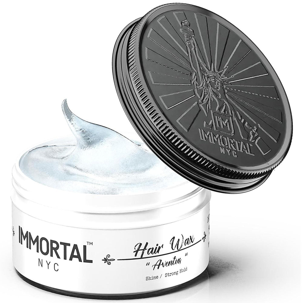 Immortal NYC Aventus jar closeup showing all-natural hair wax for everyday styling