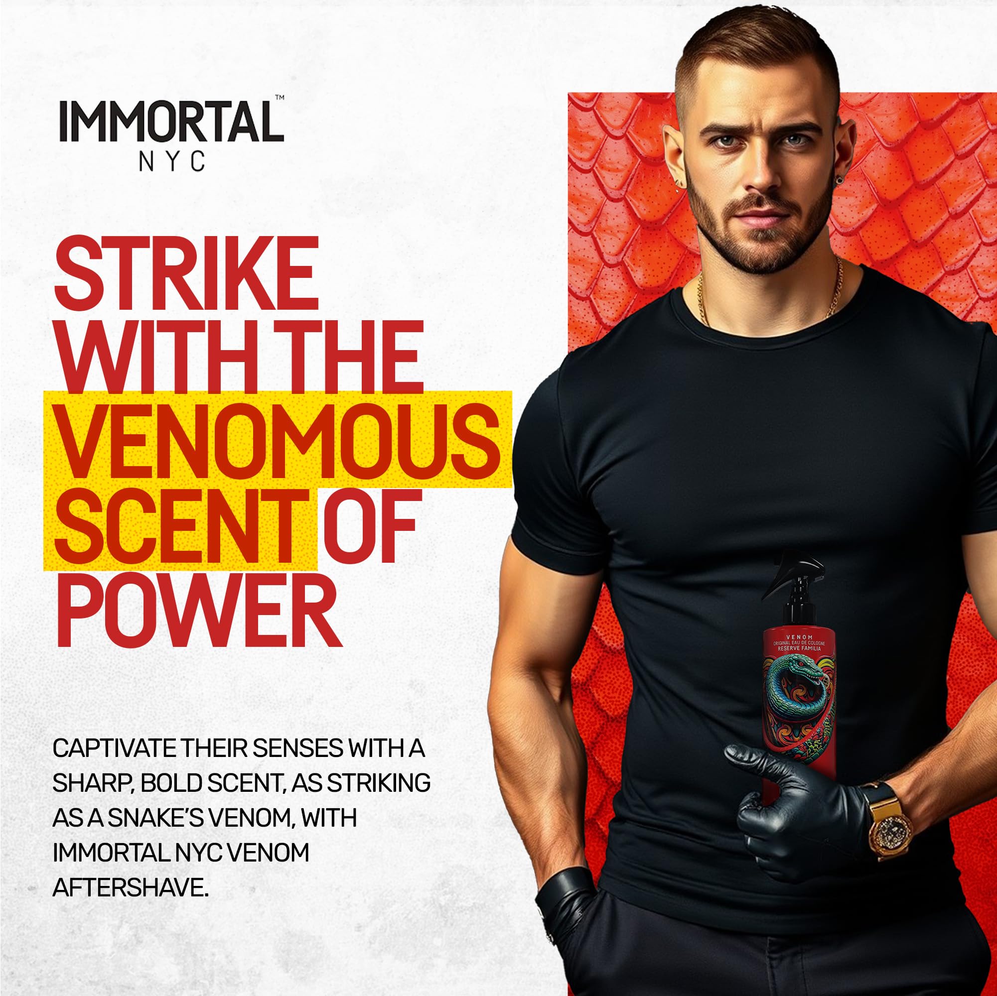 Immortal NYC Venom aftershave bottle anchored by cedar for a rugged, lasting fragrance.