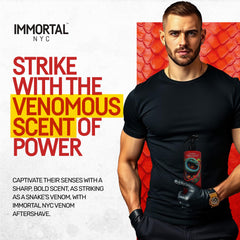 Immortal NYC Venom aftershave bottle anchored by cedar for a rugged, lasting fragrance.