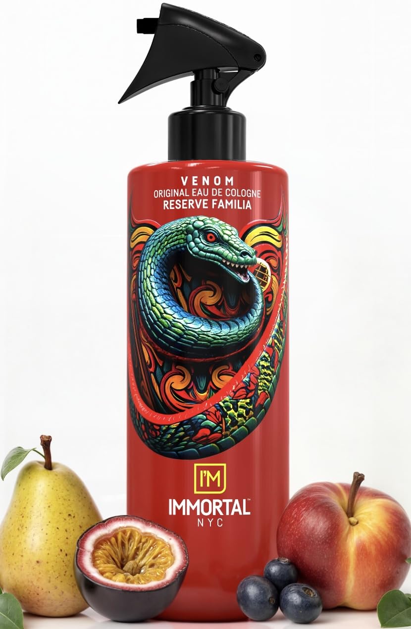 Immortal NYC Reserve Venom aftershave bottle with lemon and bergamot for a refreshing scent.