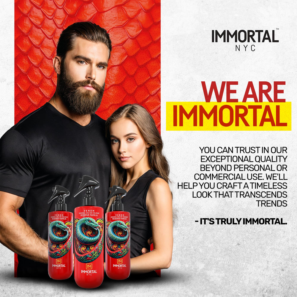 Immortal NYC Reserve Venom aftershave on a grooming display invokes premium routine.
