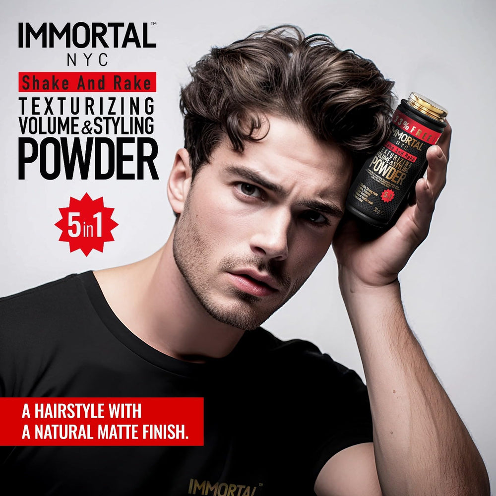 Barber-recommended Immortal NYC Shake and Rake powder unscented formula.
