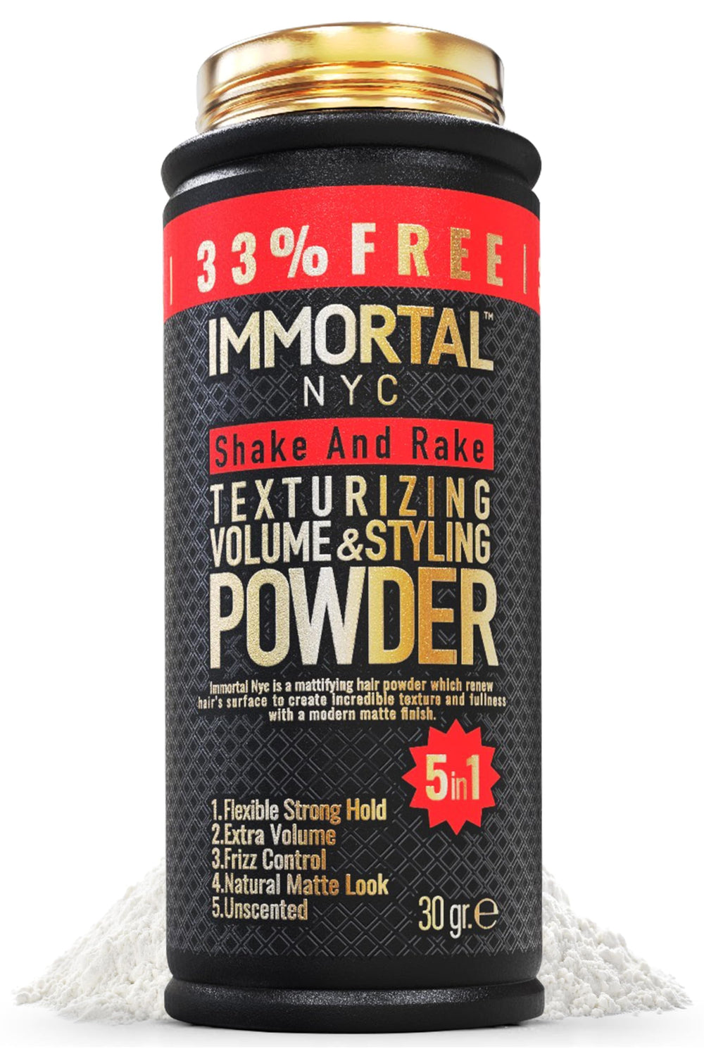 Immortal NYC Shake and Rake powder bottle for quick, on-the-go styling.