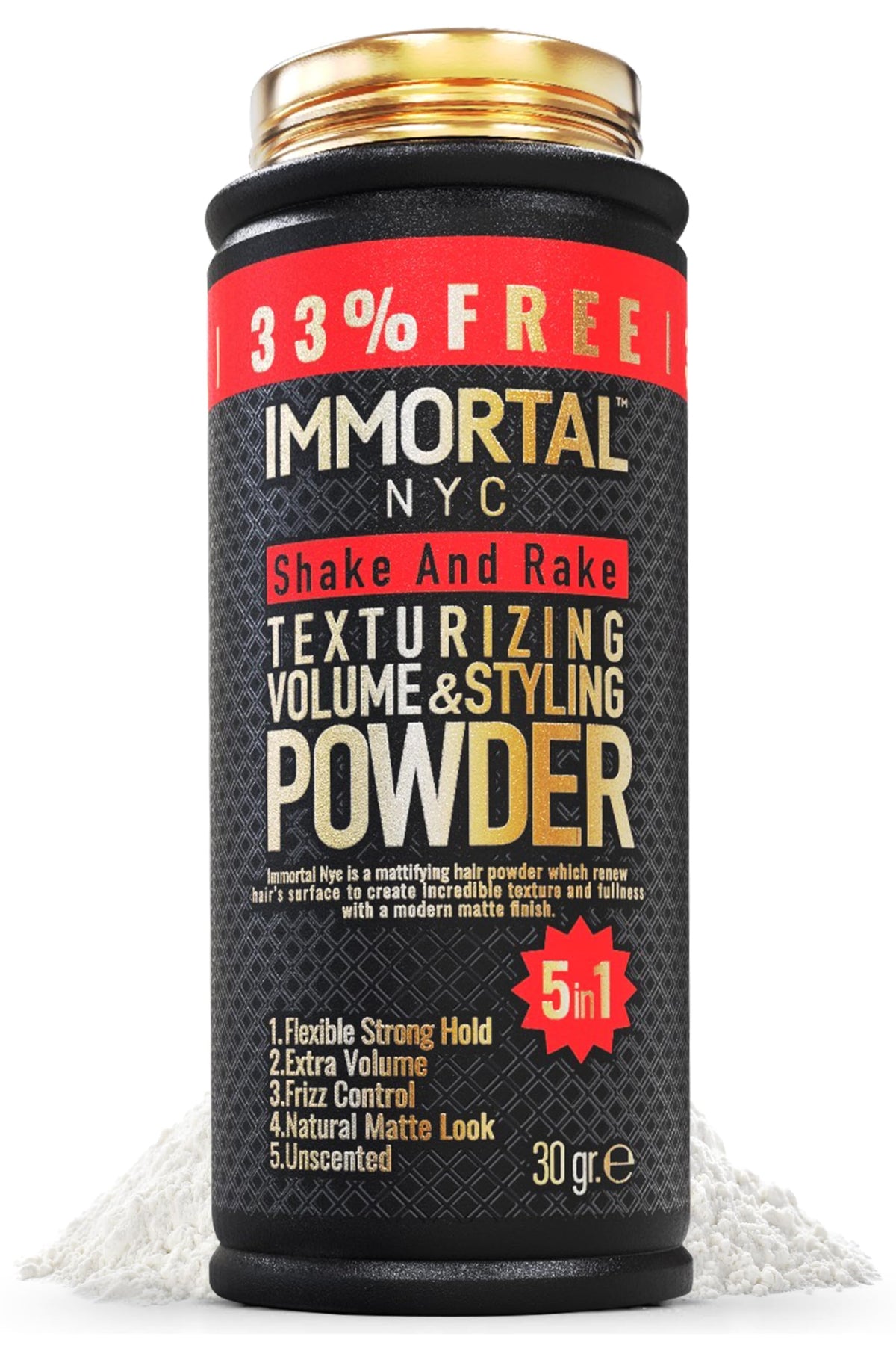Immortal NYC Shake and Rake powder bottle for quick, on-the-go styling.