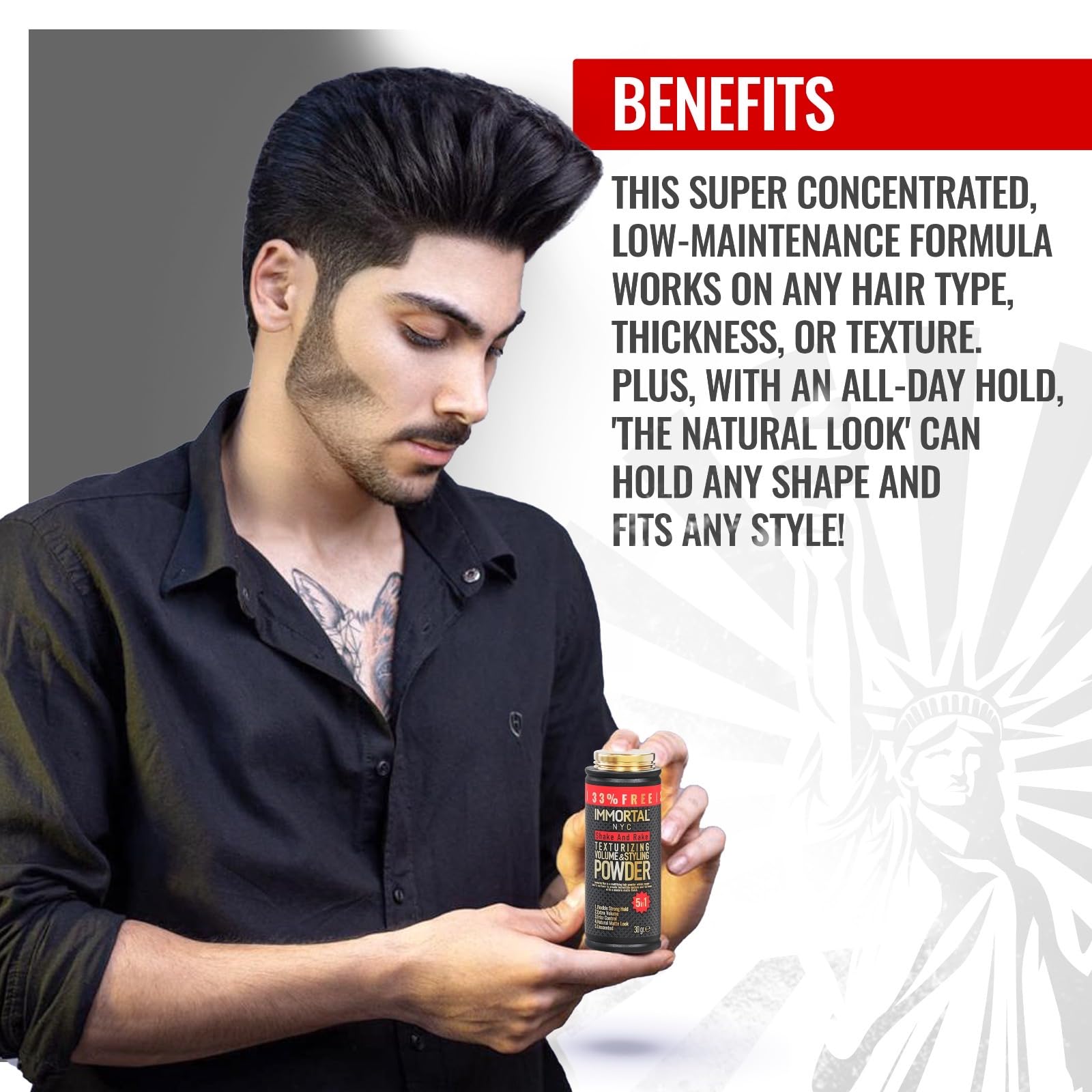Voluminous hair achieved with Immortal NYC Shake and Rake powder.