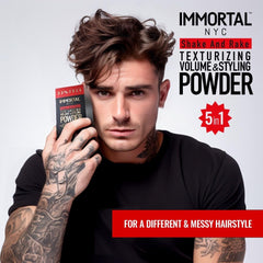 Sprinkling Immortal NYC Shake and Rake powder for flexible hold.