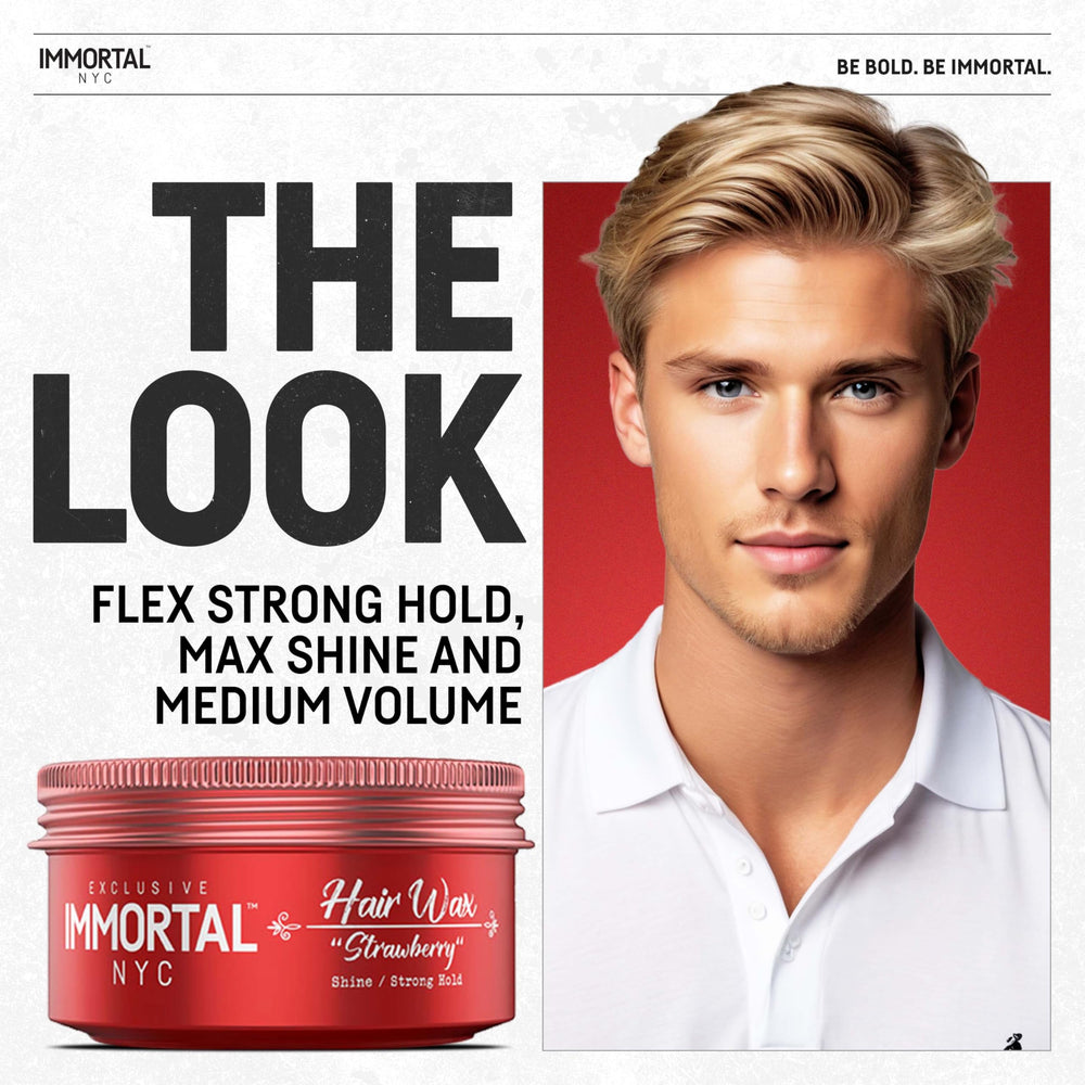 Immortal NYC Strawberry Hair Wax bottle back with ingredients and usage notes.