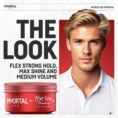Immortal NYC Strawberry Hair Wax bottle back with ingredients and usage notes.