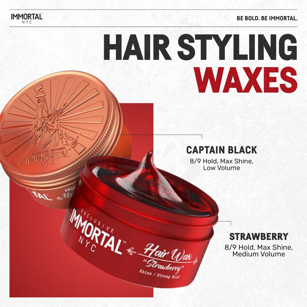 Immortal NYC Strawberry Hair Wax close-up highlights natural strawberry fragrance.