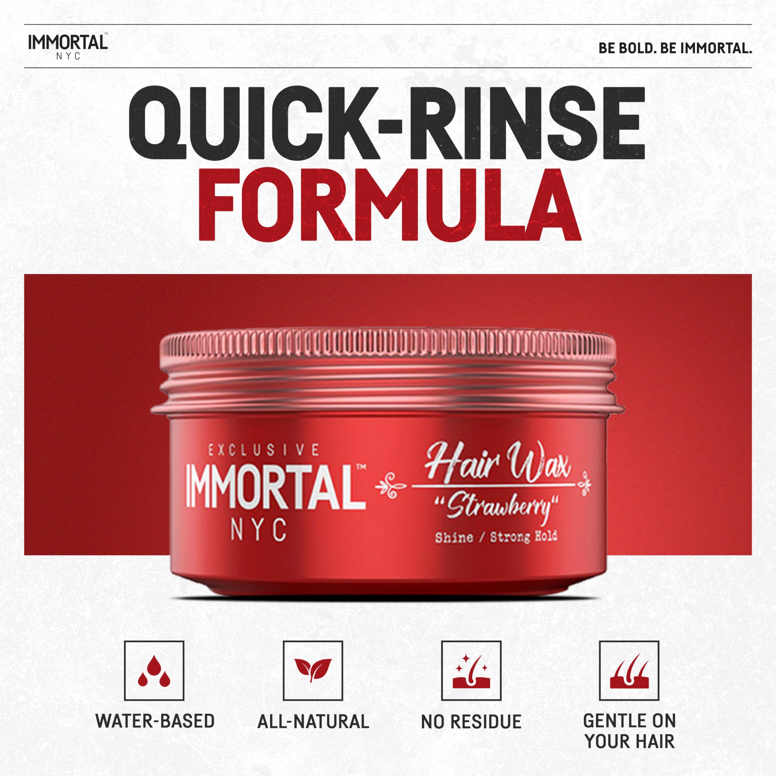 Immortal NYC Strawberry Hair Wax being applied for easy styling.