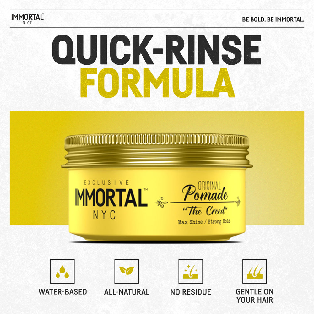 Immortal NYC Creed pomade being applied for a sleek, durable hold.
