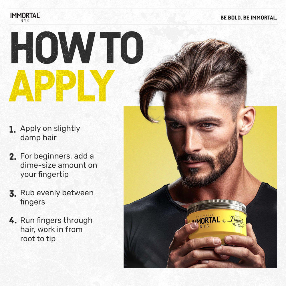 Immortal NYC Creed hair pomade on hair displaying maximum shine and texture.