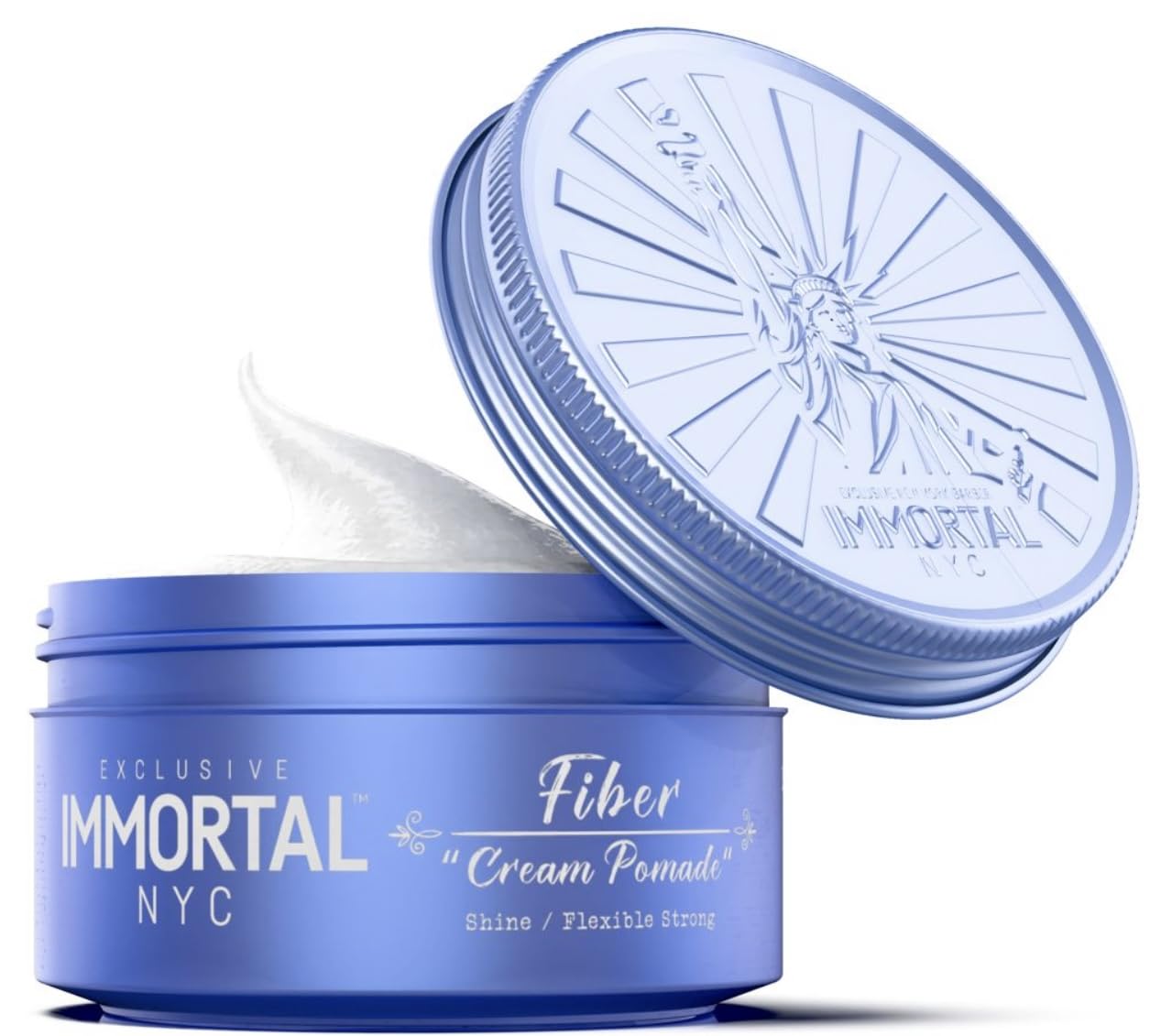 Immortal NYC Fiber Cream Pomade jar showing natural matte finish and flexible hold.