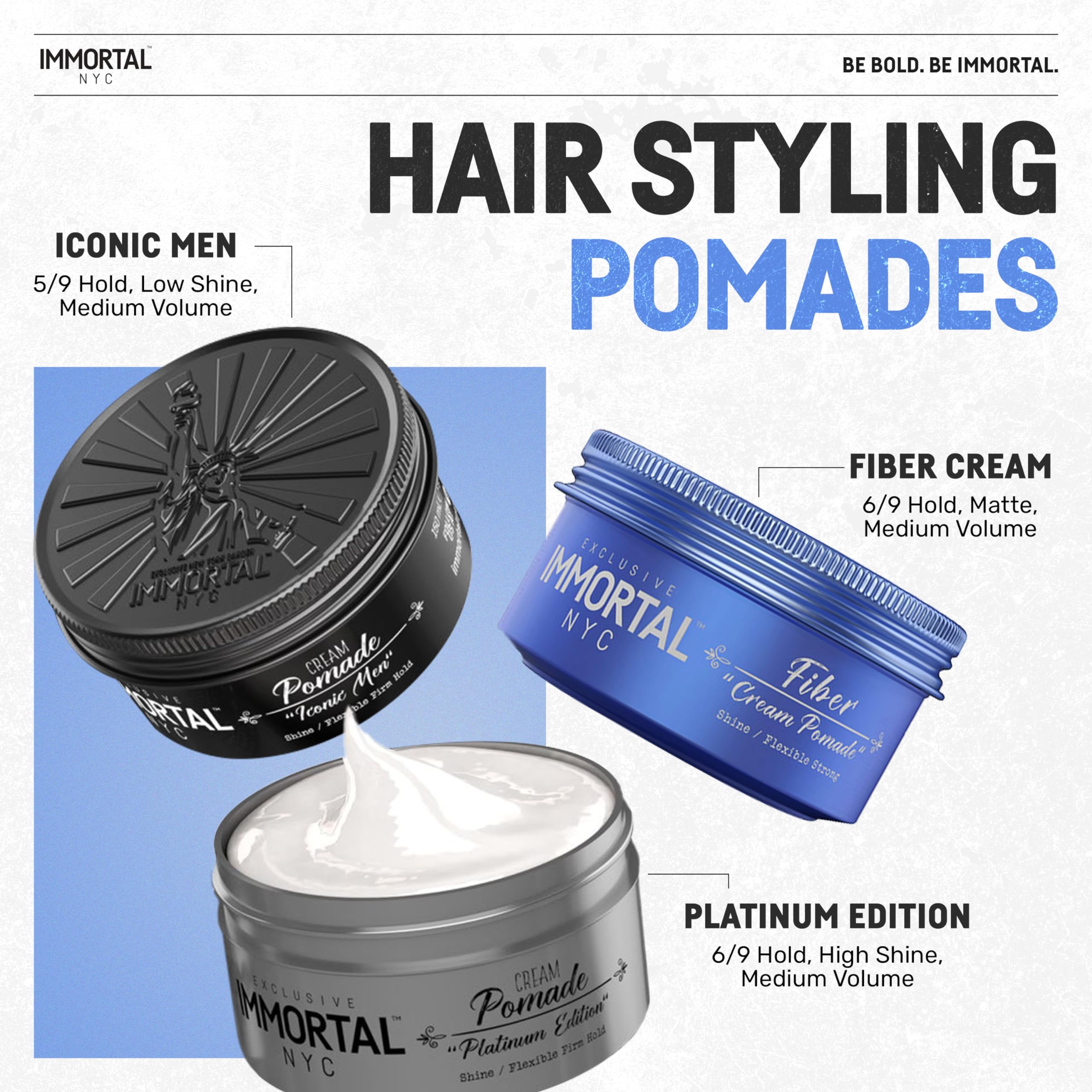 Immortal NYC Fiber Cream Pomade delivers strong hold with anti-frizz control.