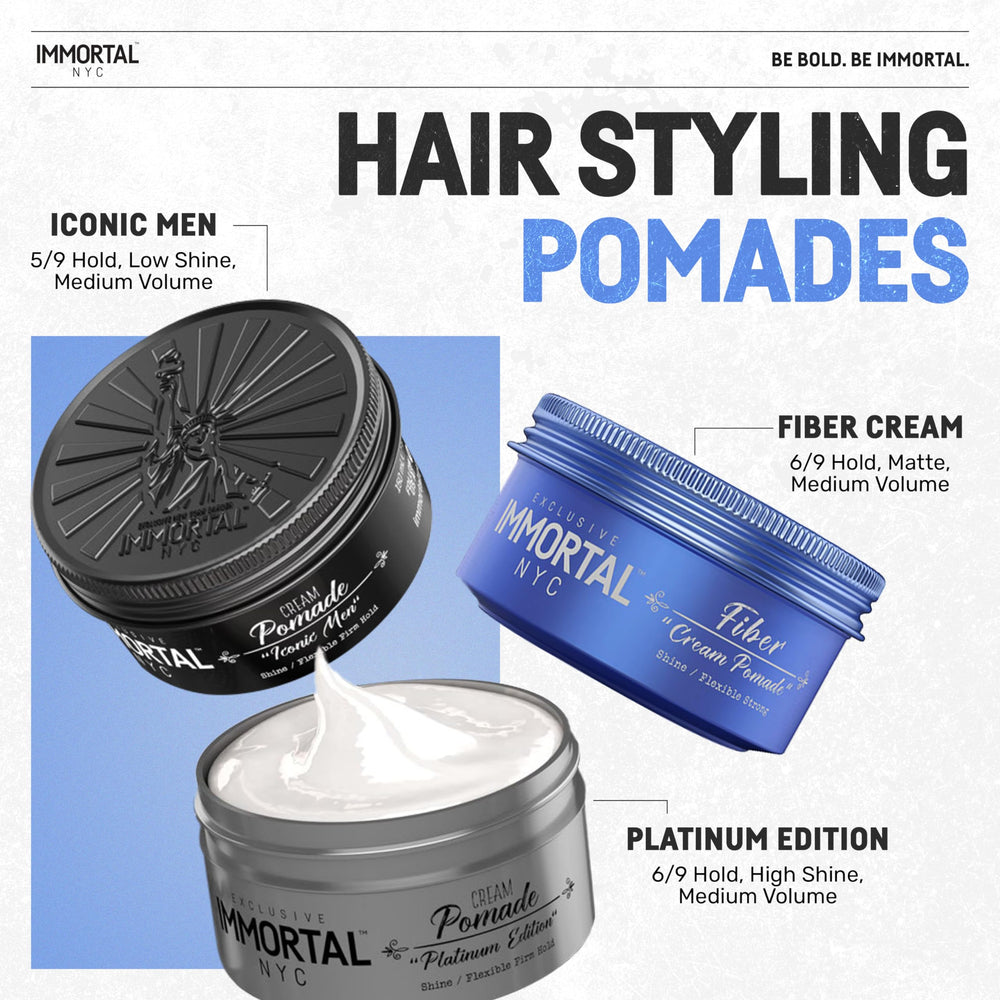 Immortal NYC Fiber Cream Pomade delivers strong hold with anti-frizz control.