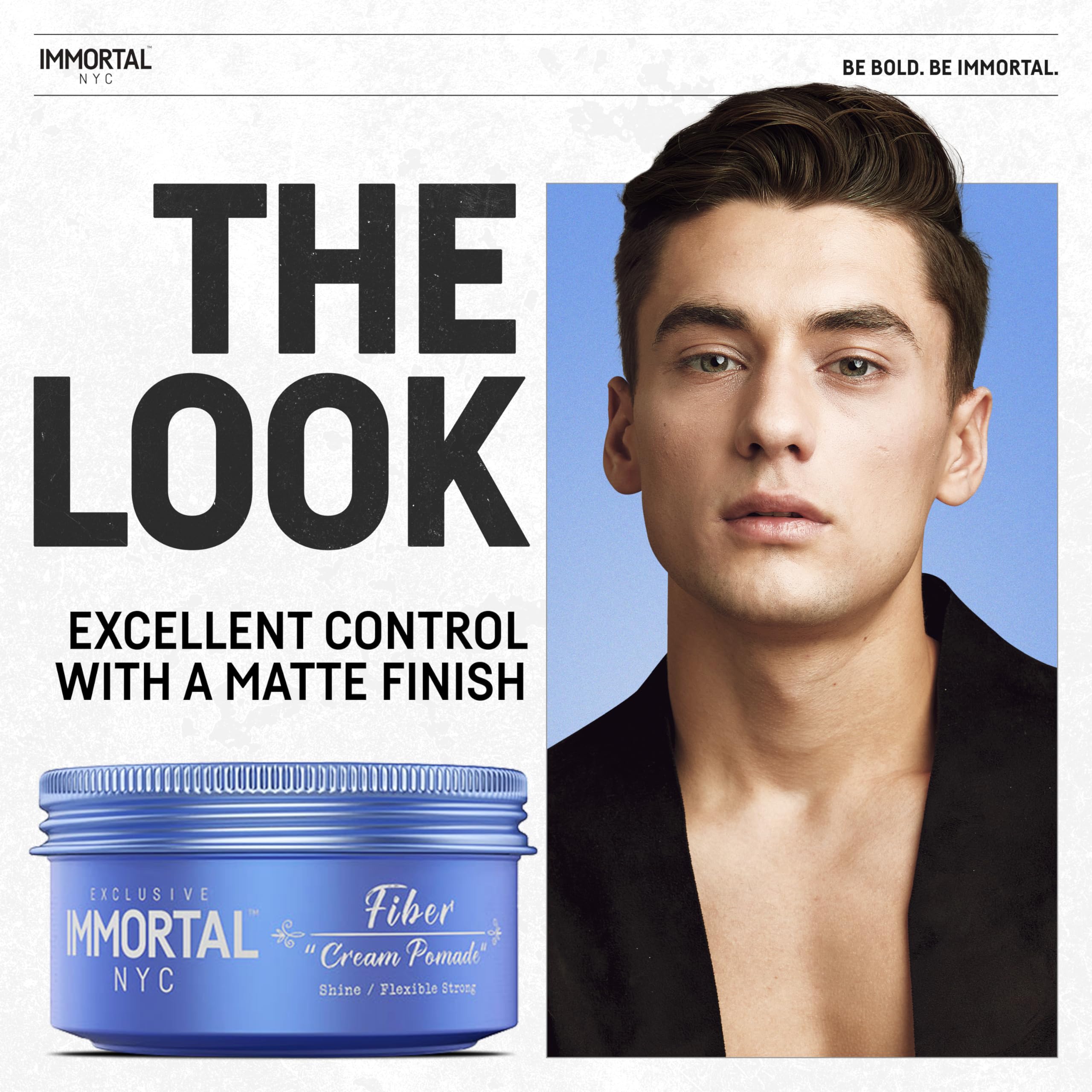 Immortal NYC Fiber Cream Pomade texture highlights fuller, defined hair.