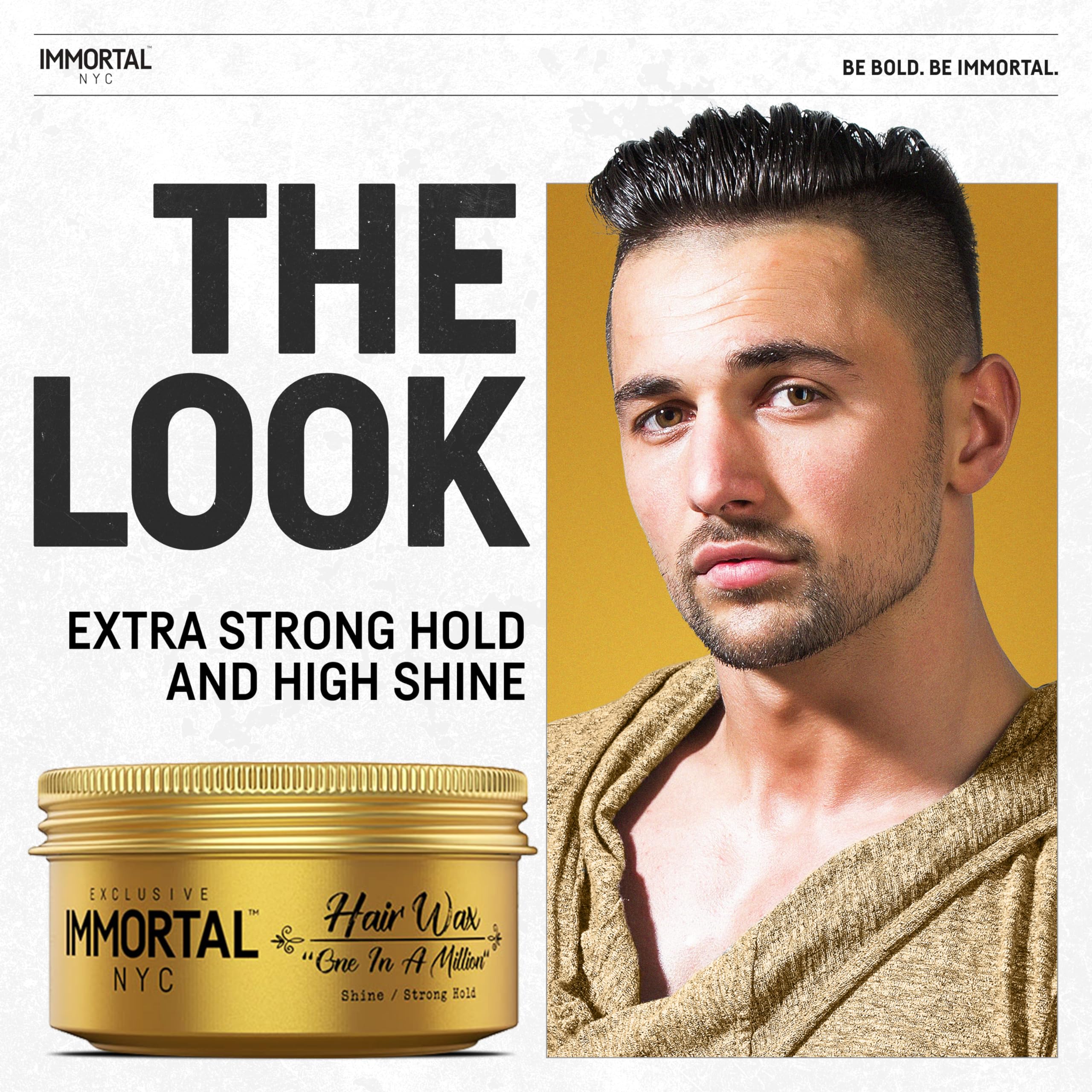Immortal NYC hair wax being applied by hands for quick styling and high shine.