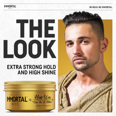 Immortal NYC hair wax being applied by hands for quick styling and high shine.