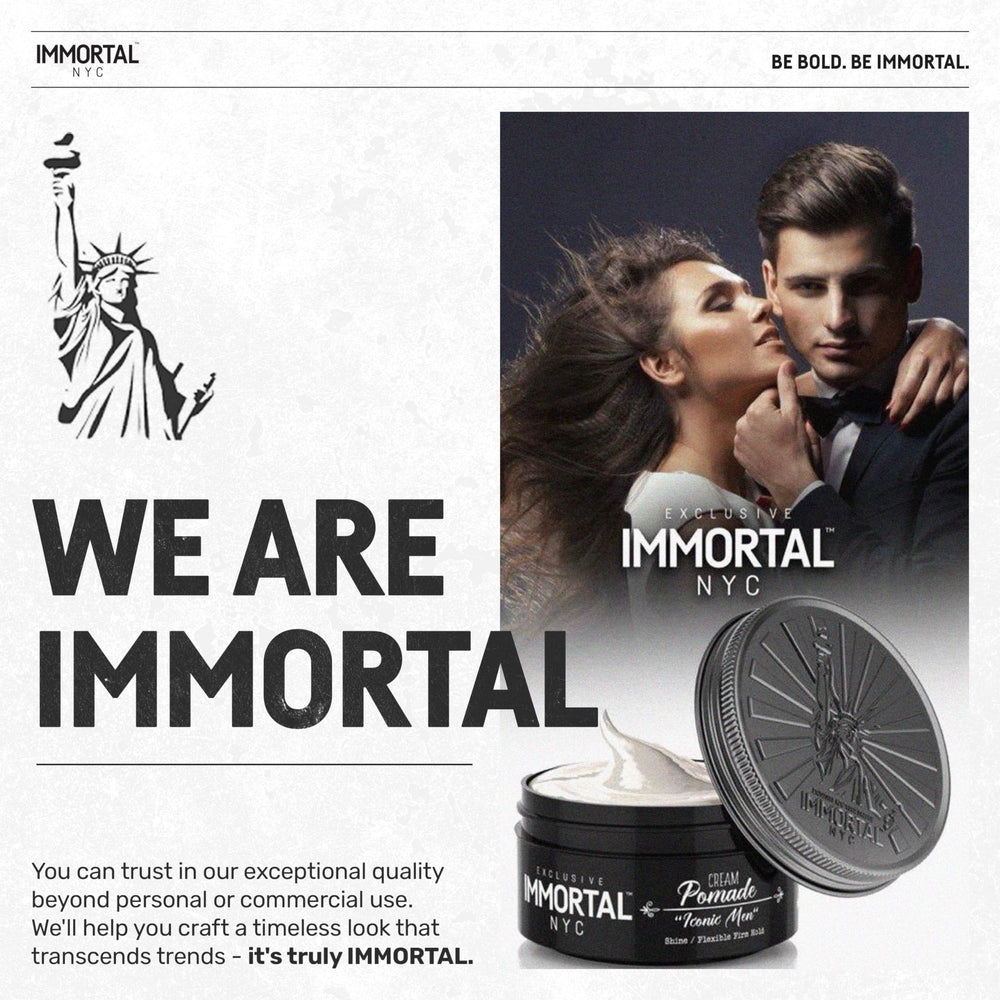 Immortal NYC Iconic Man Pomade suitable for all hair types and styles.