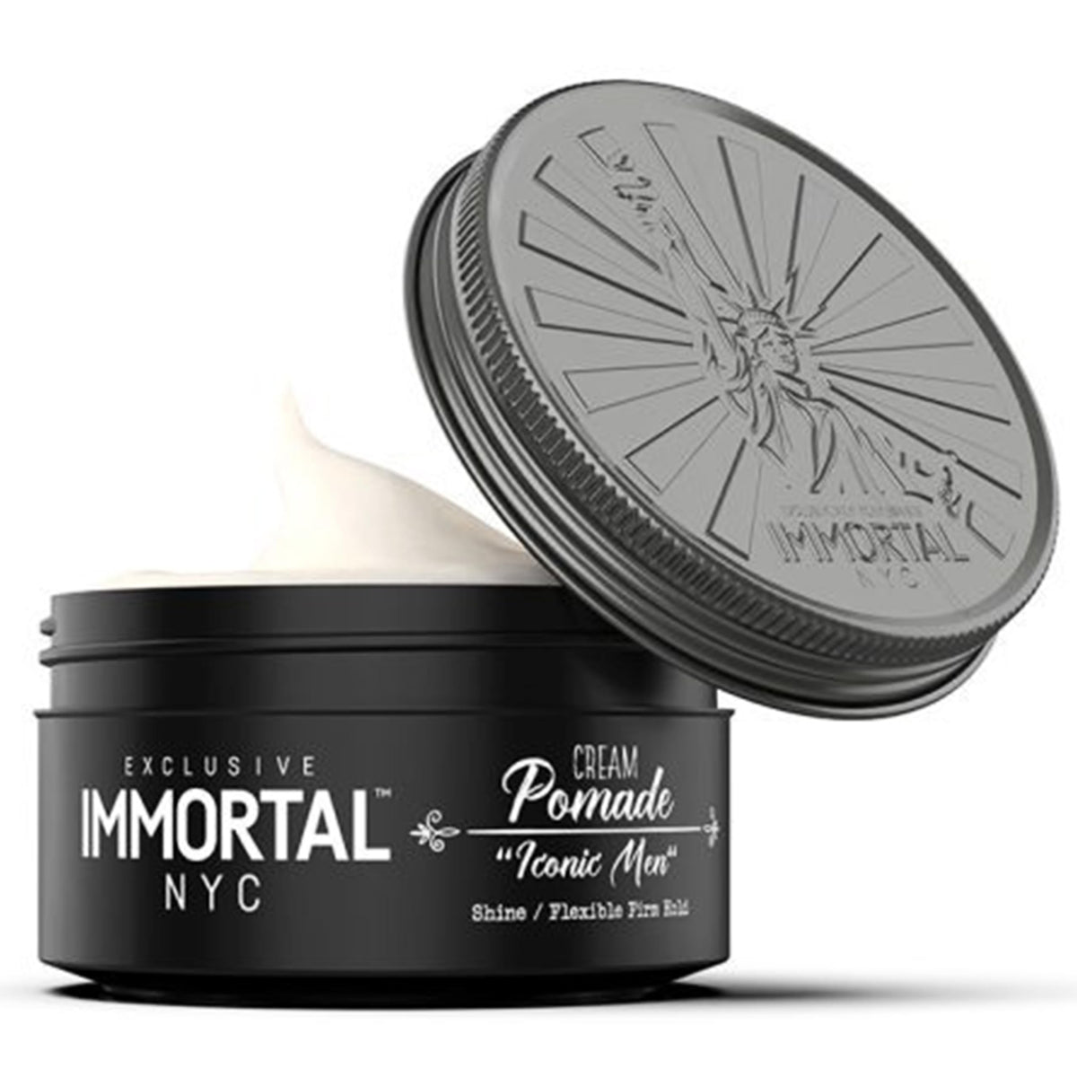 Immortal NYC Iconic Man Pomade bottle pour showing easy application and fresh feel.