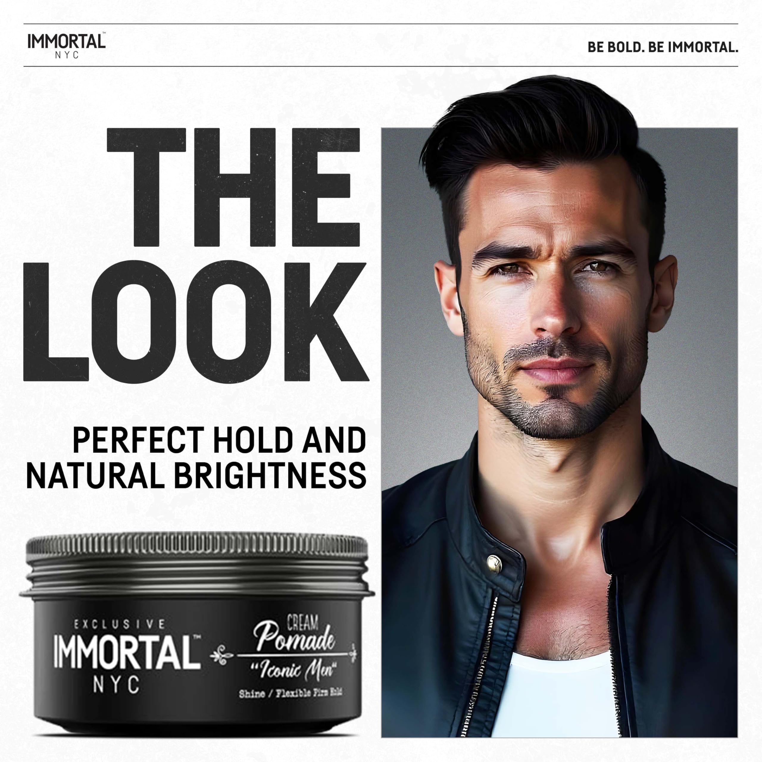 Immortal NYC Iconic Man Pomade enhances hair definition for a natural look.