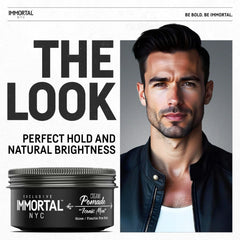 Immortal NYC Iconic Man Pomade enhances hair definition for a natural look.