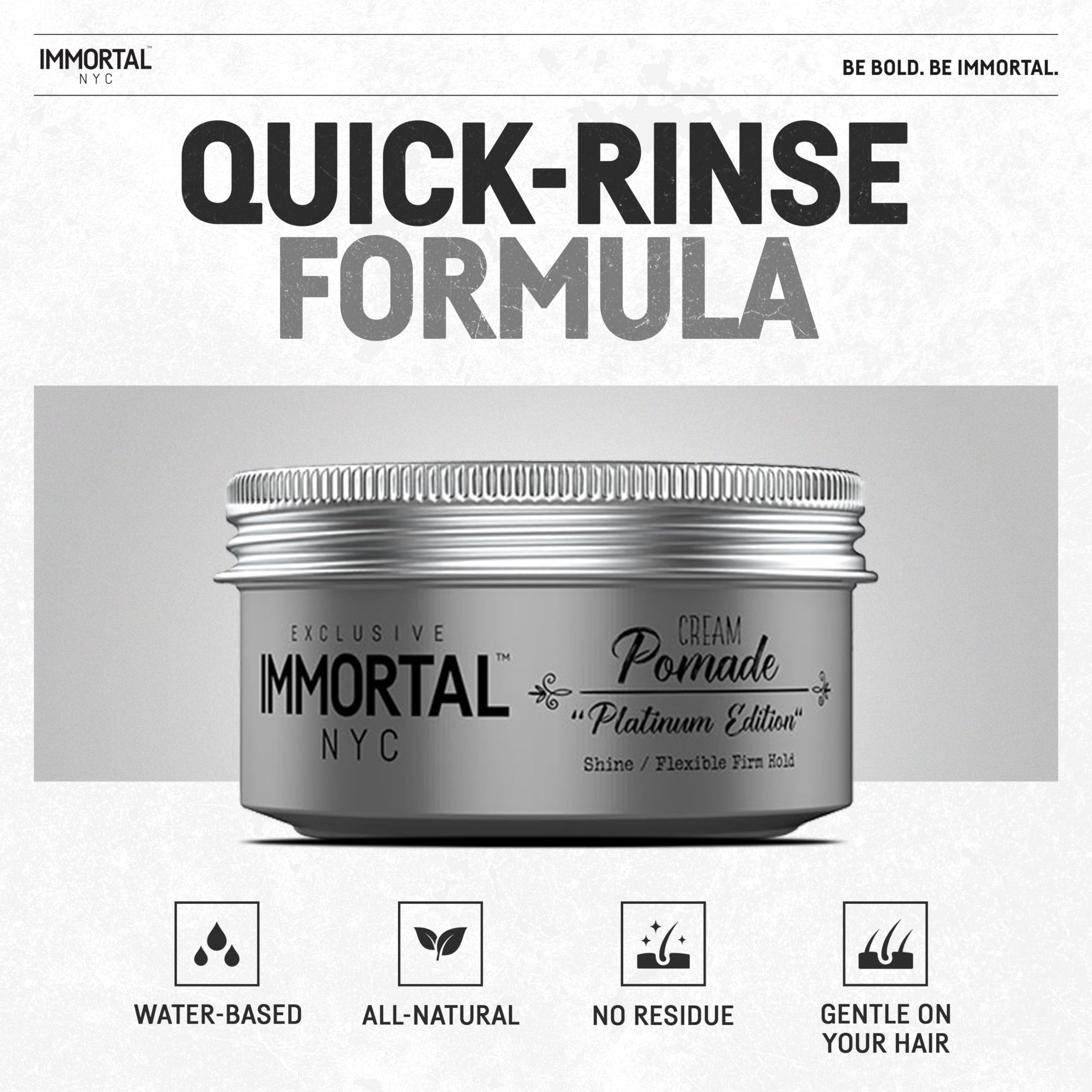 Immortal NYC Platinum Edition hair-styling cream on hair demonstrates non-greasy finish.