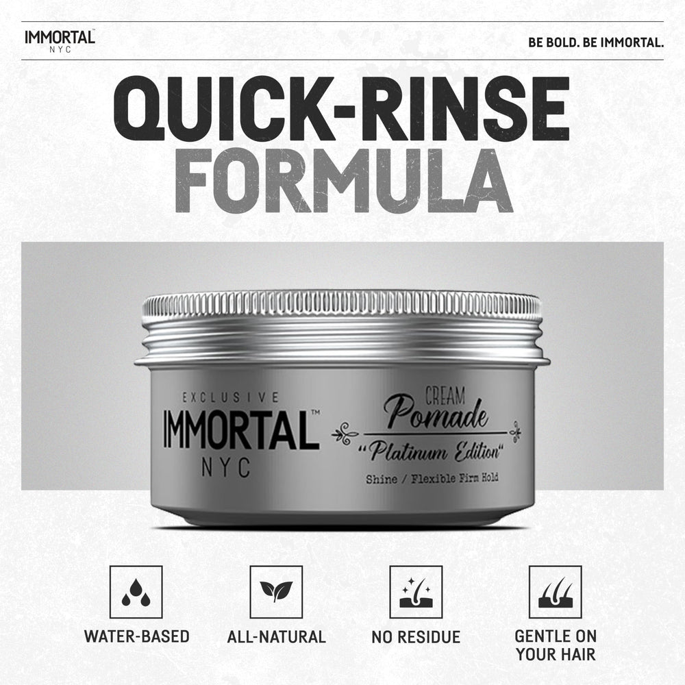 Immortal NYC Platinum Edition hair-styling cream on hair demonstrates non-greasy finish.