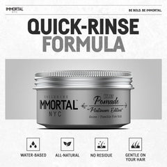 Immortal NYC Platinum Edition hair-styling cream on hair demonstrates non-greasy finish.