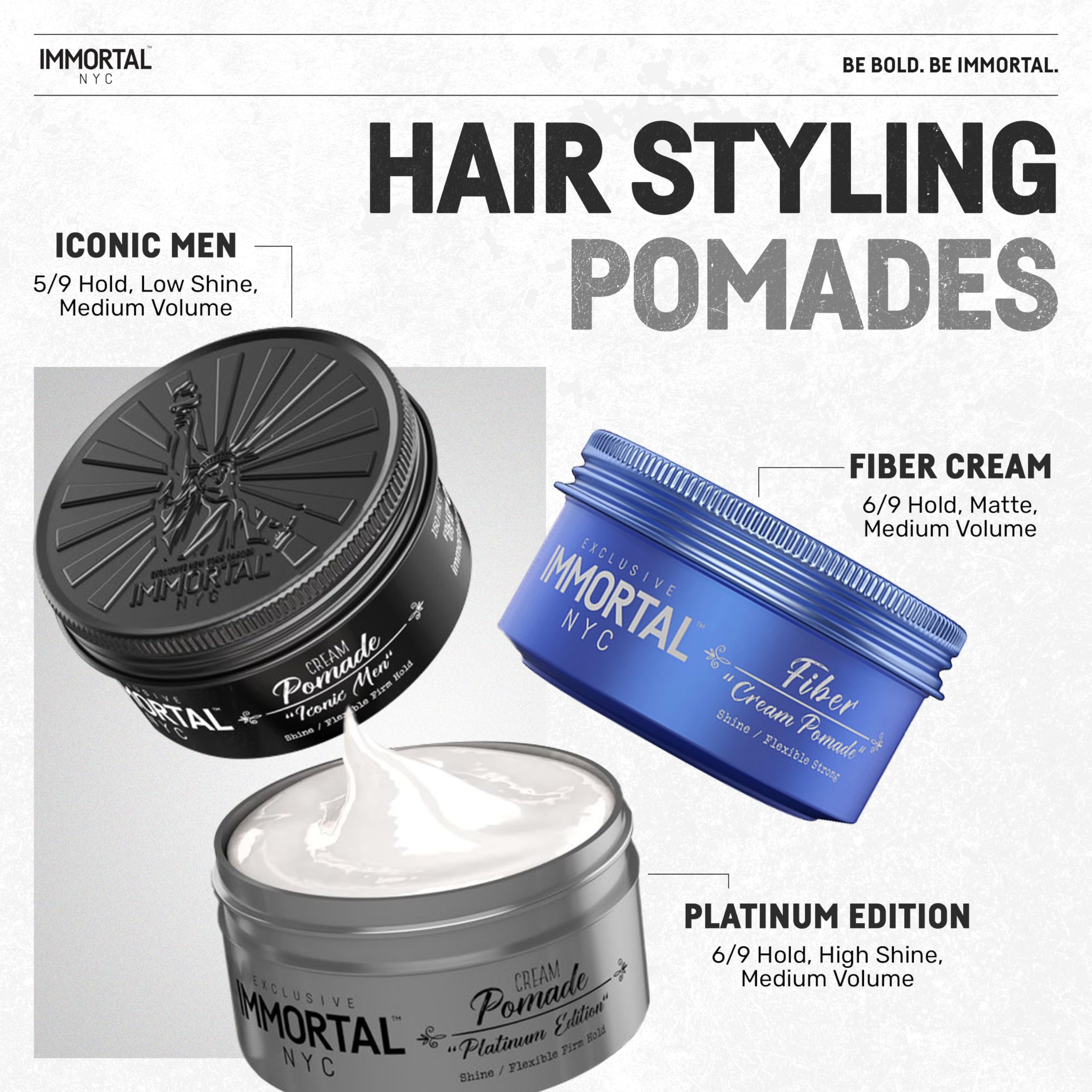 Immortal NYC Platinum Edition swirl texture showcases rich cream for versatile styles.
