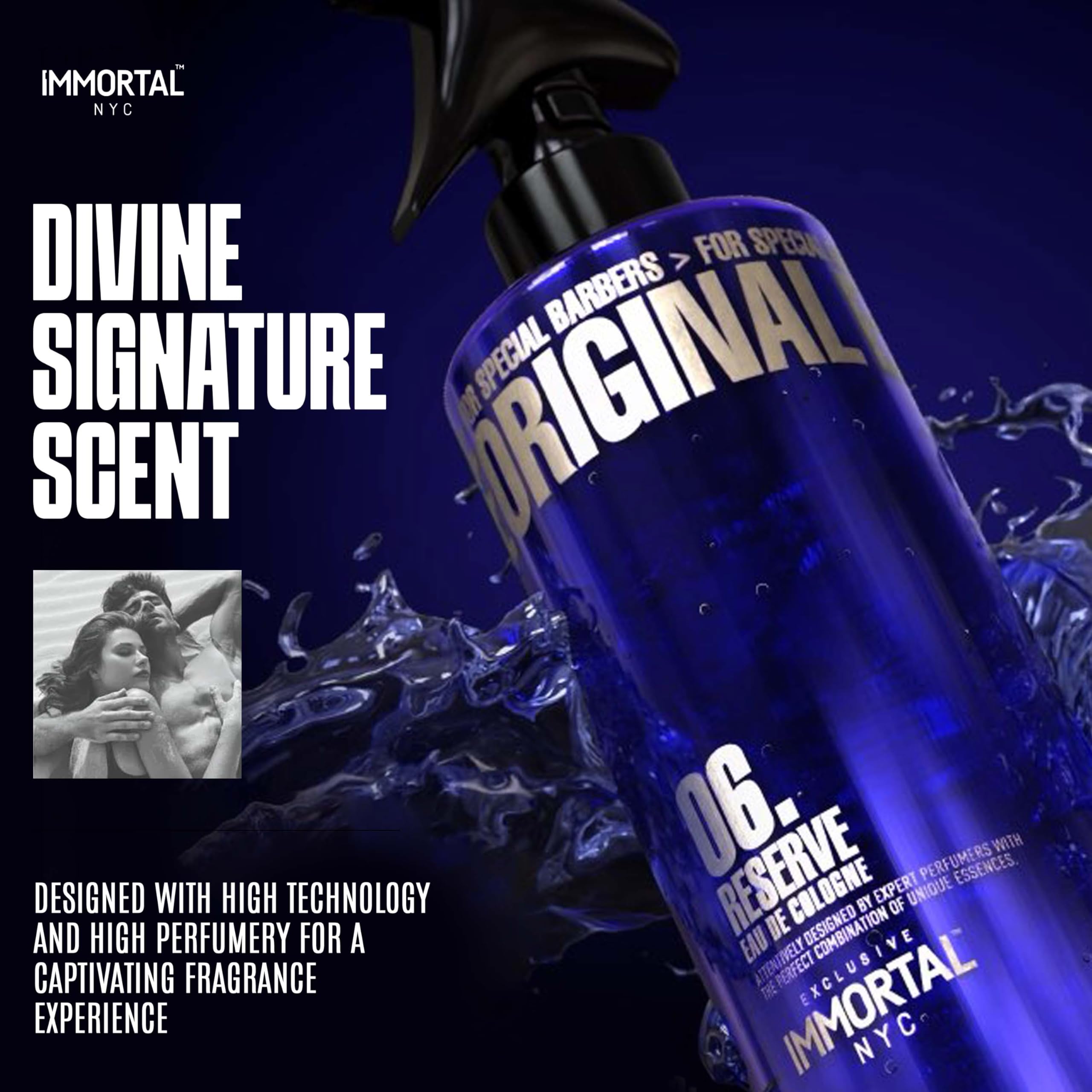 Hands applying Immortal NYC Reserve 06 for even facial and neck spray.