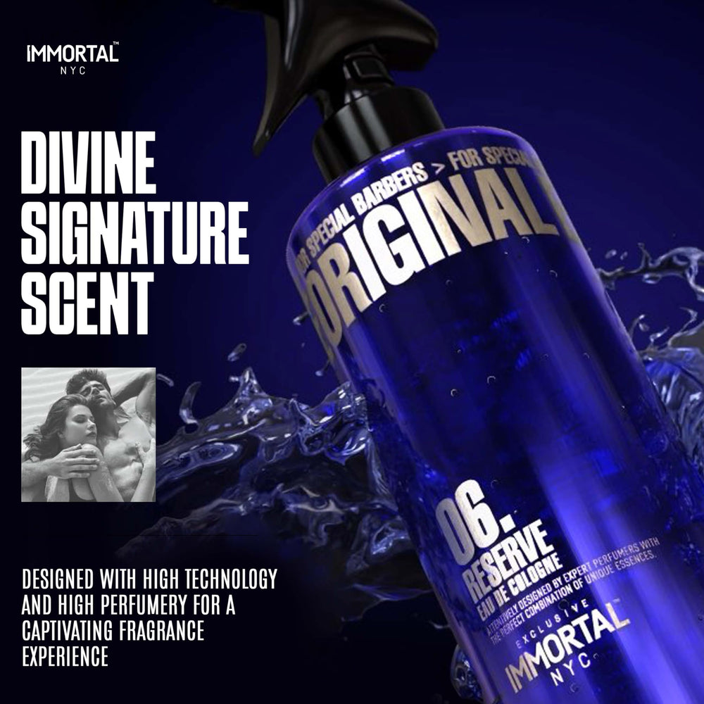 Hands applying Immortal NYC Reserve 06 for even facial and neck spray.