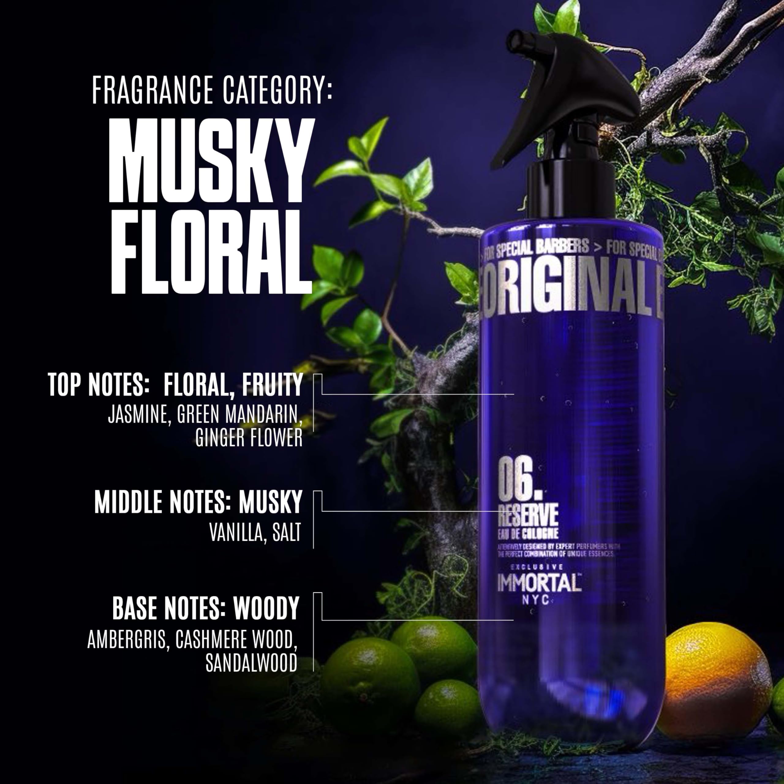 Reserve 06 label detail emphasizes scent profile and barbershop exclusivity.