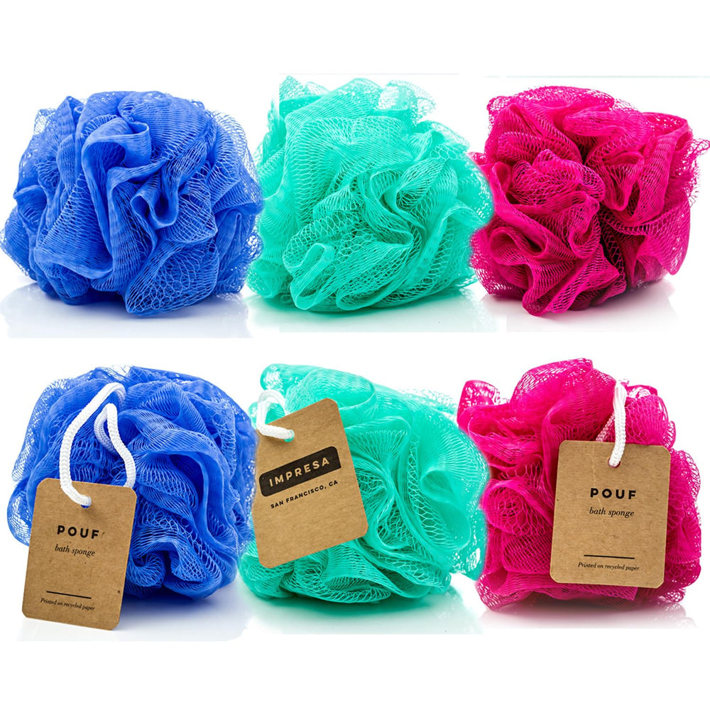 IMPRESA mesh bath loofah with blue puff for gentle exfoliation in showers