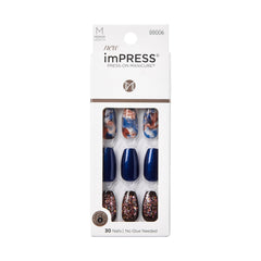 imPRESS Indigo Autumn blue coffin nails offer a chic, durable finish for everyday wear.