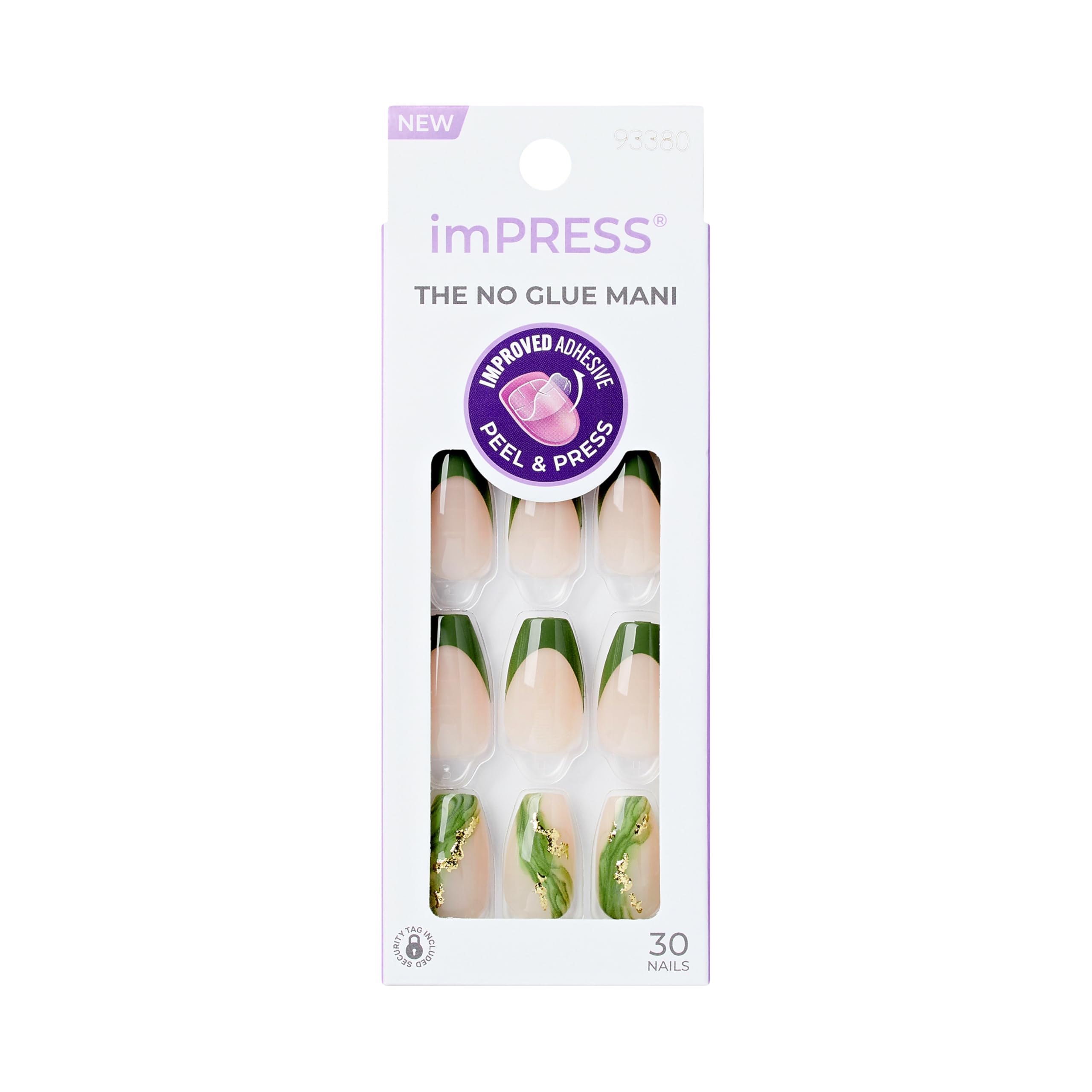 imPRESS No Glue Mani ballerina nails in neutral green coffin shape offering secure fit