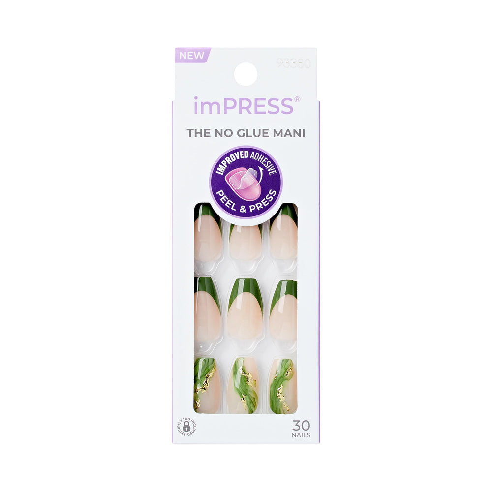 imPRESS No Glue Mani ballerina nails in neutral green coffin shape offering secure fit