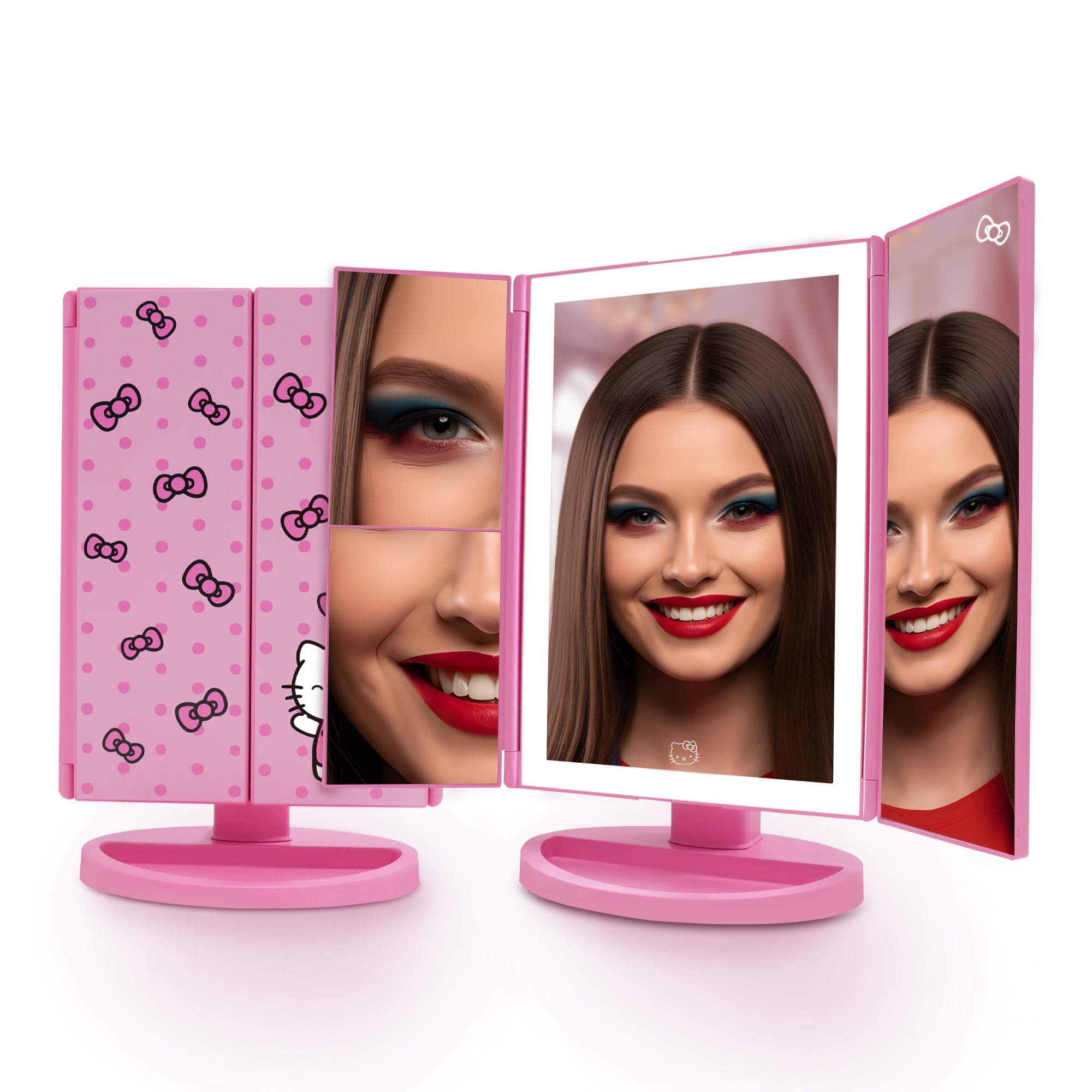 Impressions Vanity Hello Kitty Pink trifold mirror front view for precise makeup application.