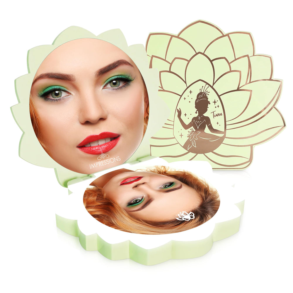 Impressions Vanity Tiana Lotus mirror closed for travel, compact and stylish.