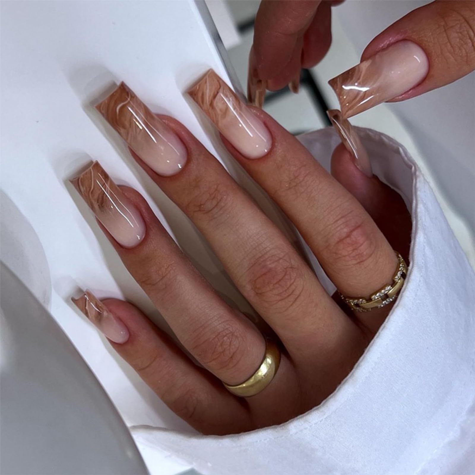 IMRAIN brown marble gradient long square nails for a chic manicure