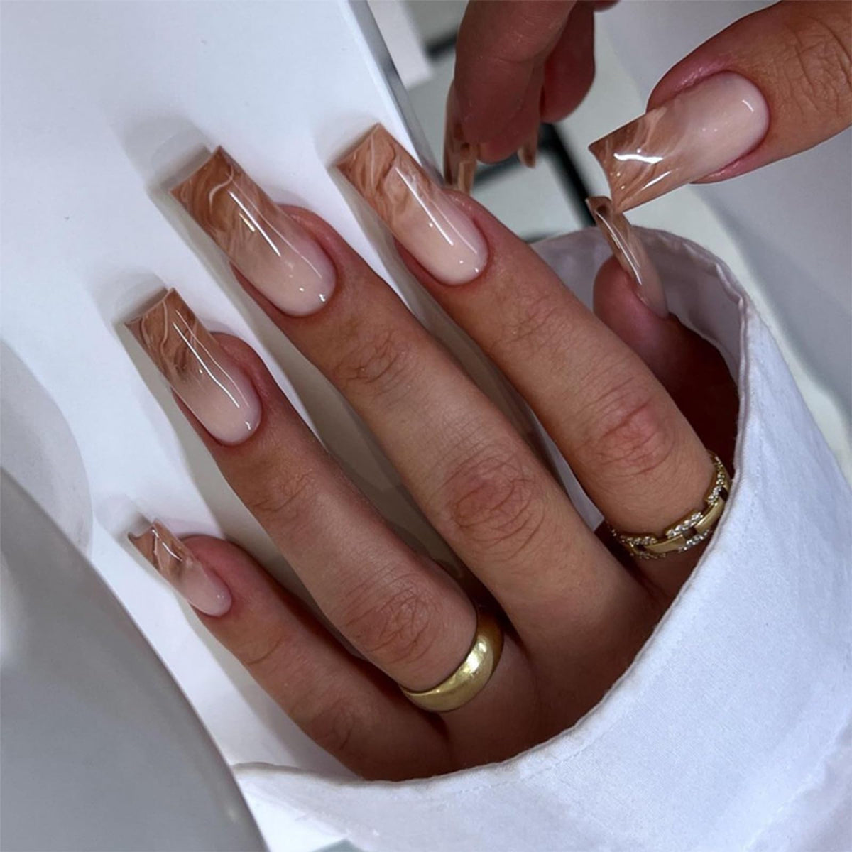 IMRAIN brown marble gradient long square nails for a chic manicure