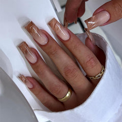 IMRAIN brown marble gradient long square nails for a chic manicure