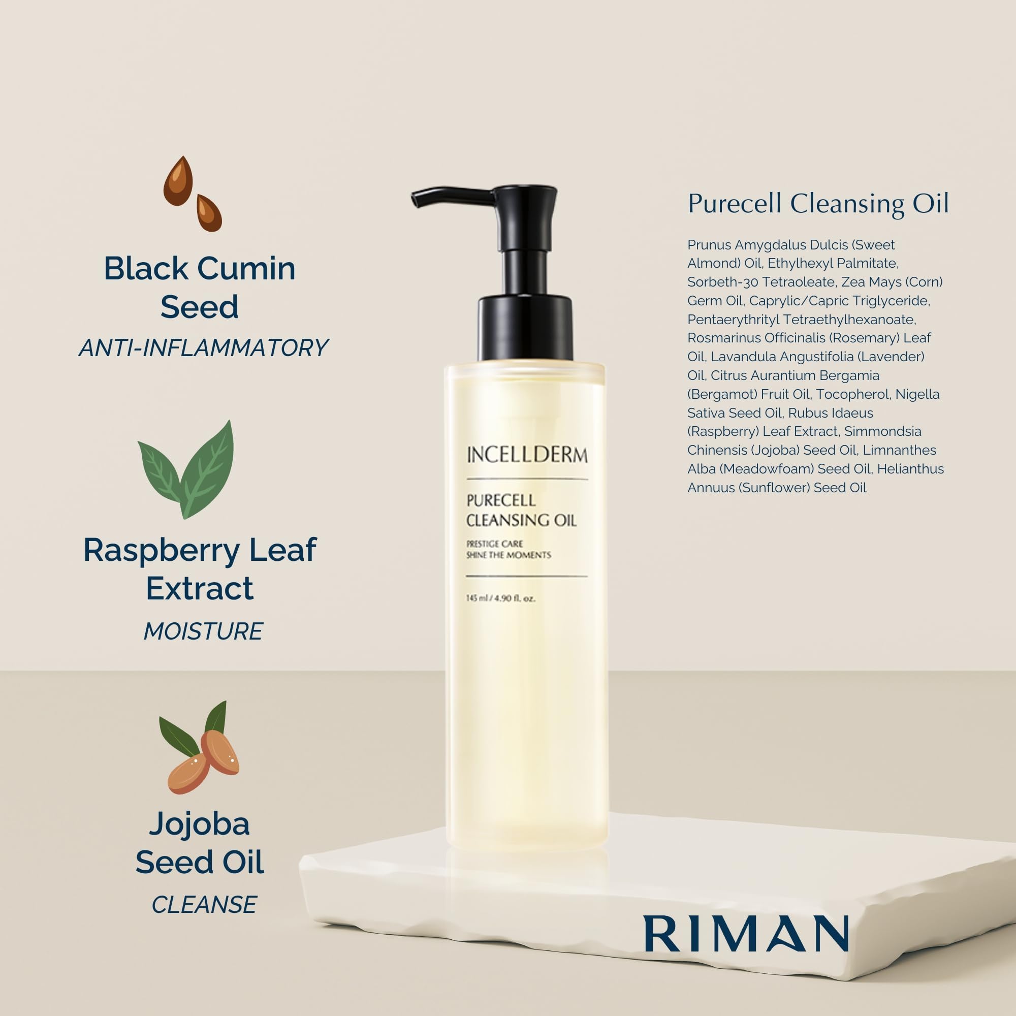 INCELLDERM PureCell Cleansing Oil botanical extracts conveying soothing cleansing action.